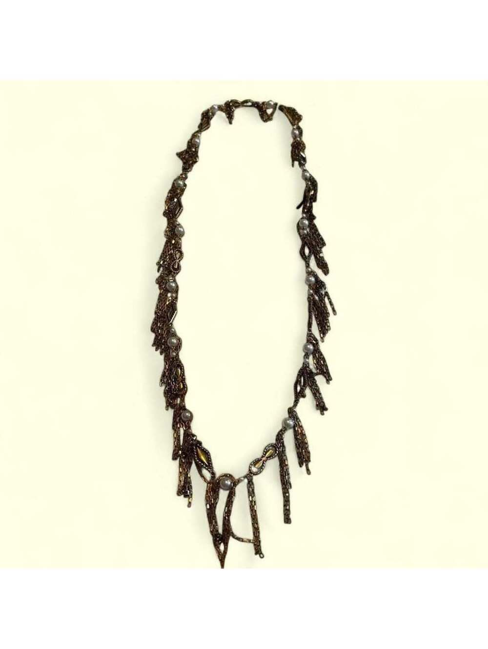 Vintage Style Gold-Tone Fringe Statement Necklace with Faux Pearls